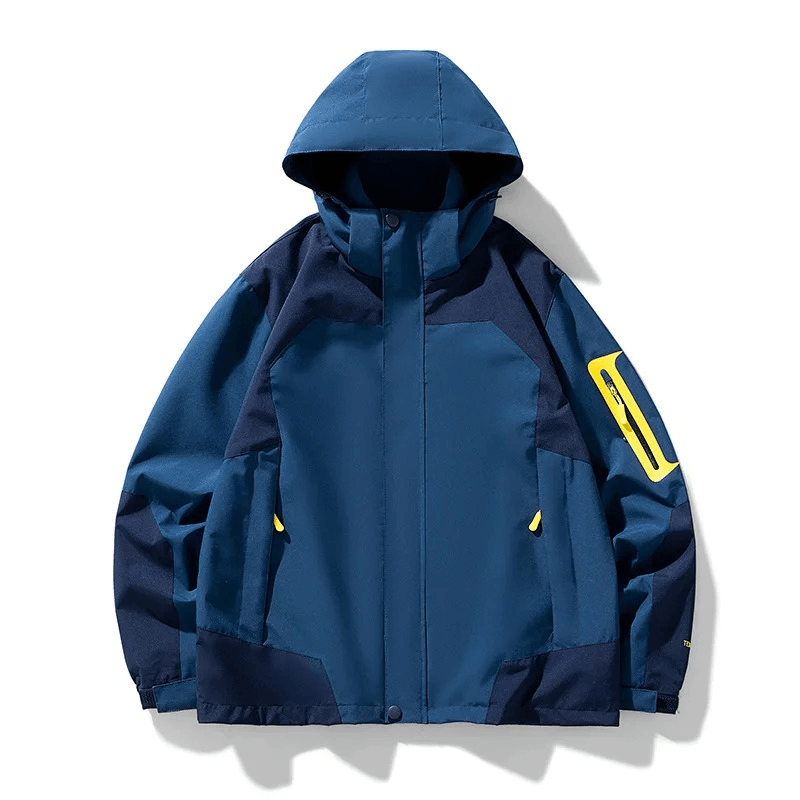 Blue waterproof hooded outdoor jacket with zipper closure and pockets, ideal for hiking. Made of polyester for men. Model SF1976.